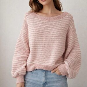SHEIN Pink & White Fuzzy Striped Sweater Size S